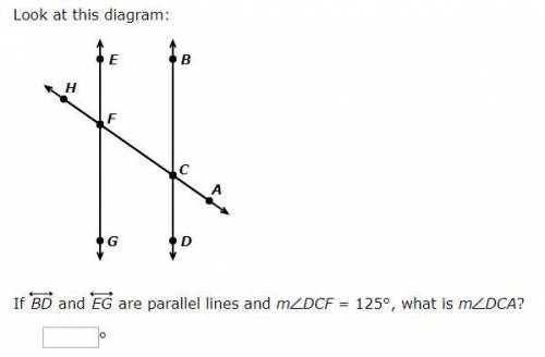 If BD and EG are parallel lines and m∠DCF = 125°, what is m∠DCA