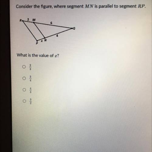Consider the figure, where segment M N is parallel to segment RP. 
What is the value of x?