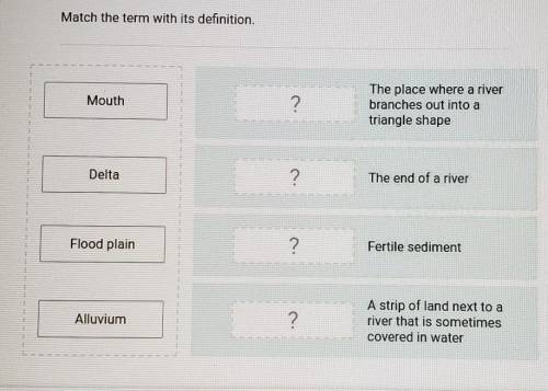 Match the term with its definition.

Terms •Mouth•Delta•Flood Plain•Alluvium----------------------