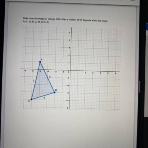 Determine the image of triangle ABC after a rotation of 90 degrees about the origin

A(-4,1), B(-2