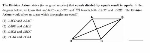 Help please! The division Axiom would allow us to say which two angles are equal?