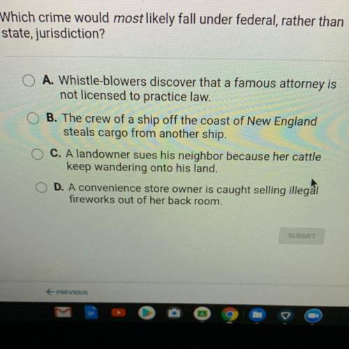 Help me please!!

Which crime would most likely fall under federal, rather than
state, jurisdictio