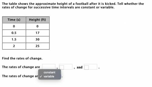 The table shows the approximate height of a football after it is kicked. Tell whether the rates of