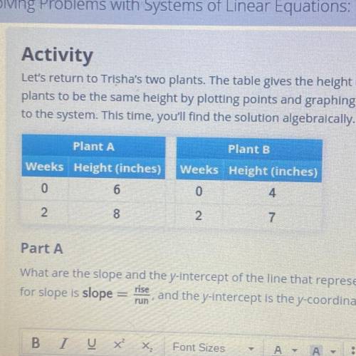 What are the slope and the y-intercept of the line that represents plant A's height in inches in te