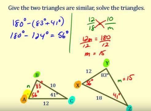 The image below shows the parts of the pair of similar triangles that we've solved for so far in th