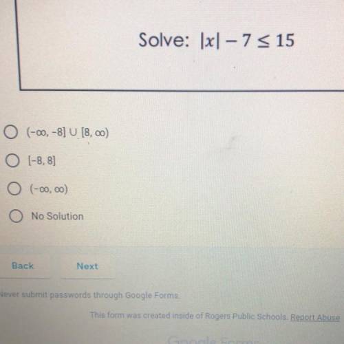 Help please! Due today 
Solve: |x|-7<15