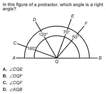 In this figure of a protractor , which angle is a right angle?