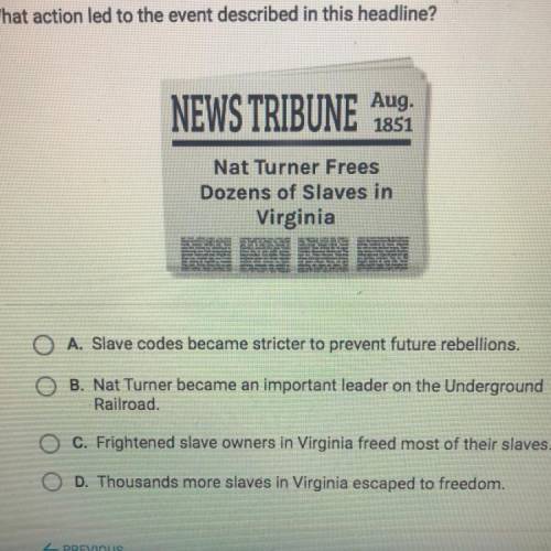 What action led to the event described in this headline?

O A. Slave codes became stricter to prev