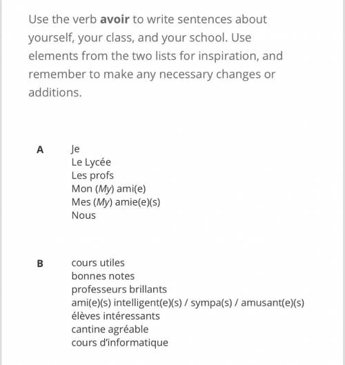 Assemblez

Use the verb avoir to write sentences about yourself, your class, and your school. Use