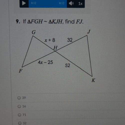 I’m confused on this! “If triangle FGH ~ triangle KJH, find FJ.”