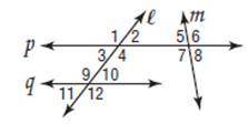 If p∥q, m∠1=5b+23, and m∠11=2b+10, find m∠2, m∠4, m∠10, and m∠12.