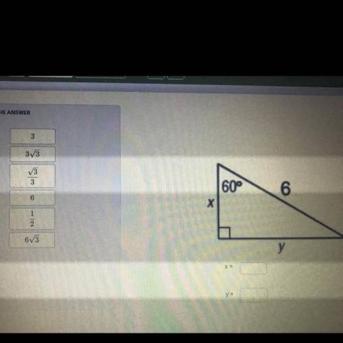 What is x and y ?

I’ll give brainliest! 
The options are on the side of the screen/triangle..