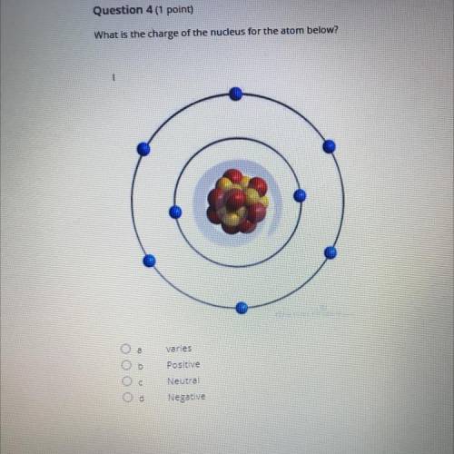 Question 4 (point)

What is the charge of the nucleus for the atom below?
O a
varies
Positive
Oc
O