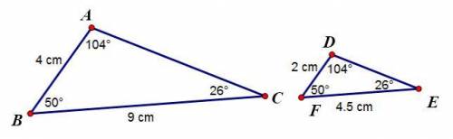 The two triangles below are similar.

What is the ratio of the corresponding side lengths?
4:9
4:2