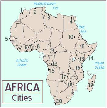 Which number on the map represents the city of Nairobi, the capital of Kenya?

A. 
20
B. 
9
C. 
15