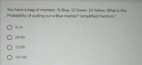Find the probobiboibility of pulling out a blue marbel
