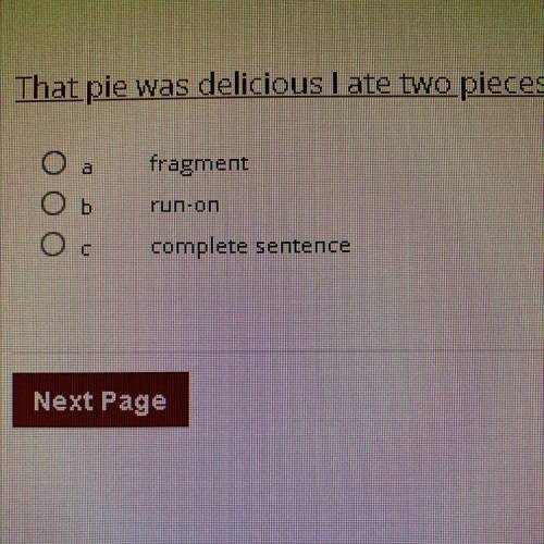 That pie was delicious I ate two pieces.
A. Fragment
B. Run-on
C. Complete - Sentence