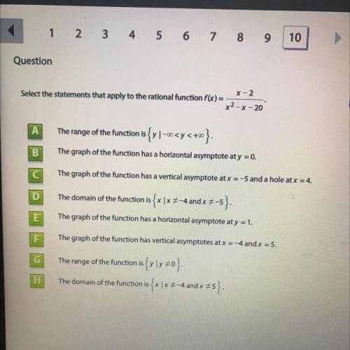 Question

Select the statements that apply to the rational function f(x) =
x-2
x²-x-20
A
The range