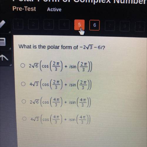 Help me!!!

What is the polar form of -273-6/?
O 2V6 (cos() + isin (3)
O 475 (cos () + isi (20)
o