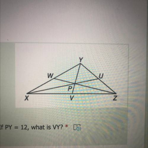 The medians of triangle XYZ intersect at Point P. If PY=12, what is VY?