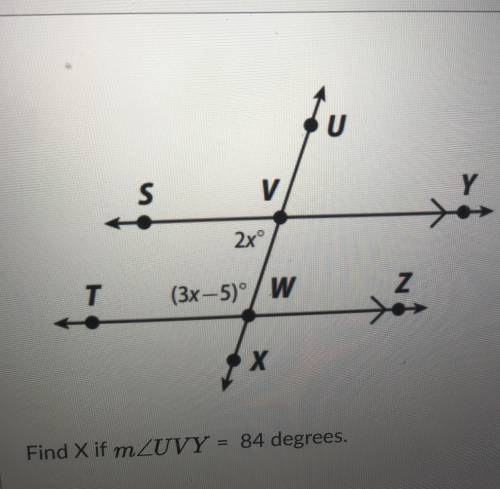 Find X if m/angle UVY=84 degrees.