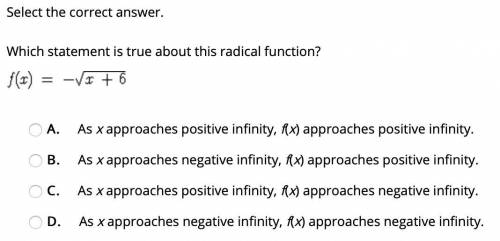 HELP, Please

Which statement is true about this radical function?
f(x)=-√(x+6)
A. As x approache