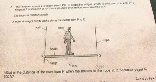 7

The diagram shows a wooden beam PQ, of negligible weight, which is attached to a wall by a
hing