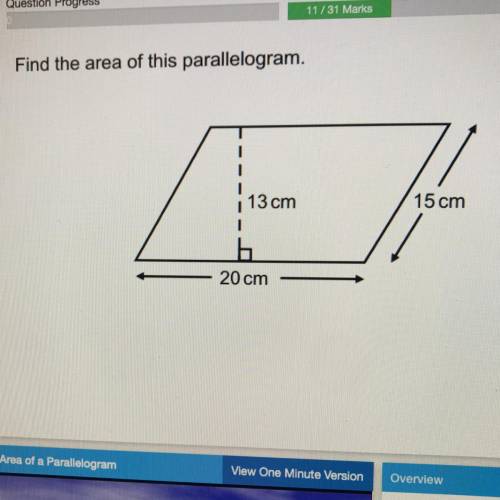Find the area of this parallelogram.
13 cm
15 cm
20 cm