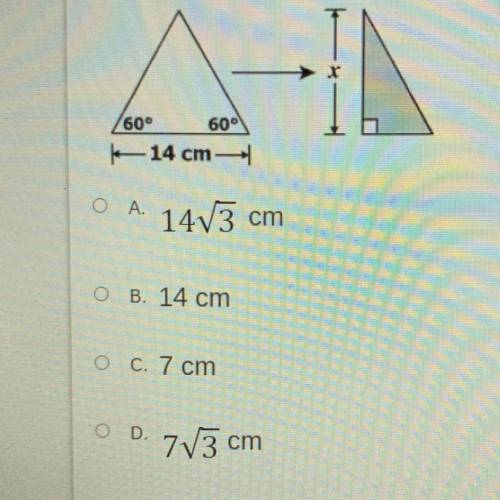An equilateral triangle is folded in half. What is x, the height of the equilateral triangle?

ple