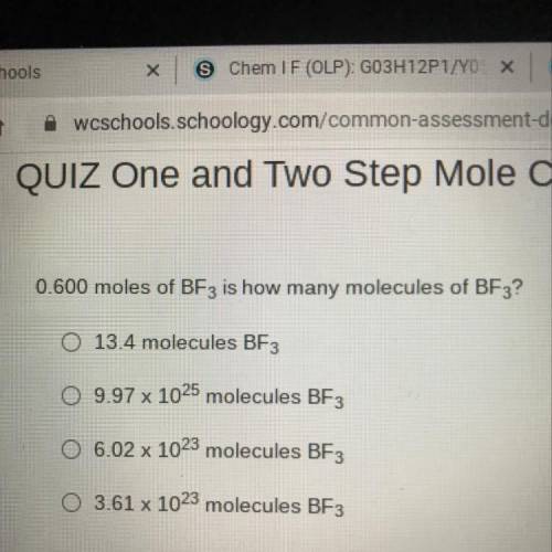 0.600 moles of BF3 is how many molecules of BF3?

O 13.4 molecules BF3
O 9.97 x 1025 molecules BF3