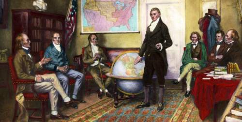 President Monroe (standing) is shown with key members of his Cabinet, including John Quincy Adams,
