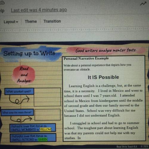 NEED HELP ASAP HAVE TO SHOW MY TEACHER Setting up to Write

Good writers analyze mentor texts.
Per