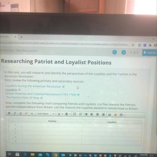 In this task, you will identify the perspectives of the Loyalists and the Patriots in the

America