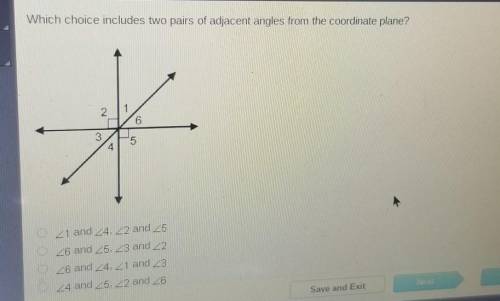 Which choice includes two pairs of adjacent angles from the coordinate plane? 2 6 3 4 an 21 and 24,
