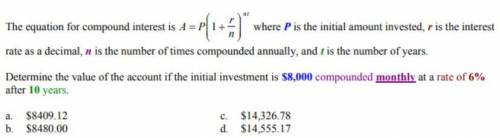 the compound interest formula a=p(1+r/n)^nt where p is the initial amount invested, r is the intere