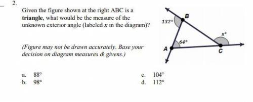 Given the figure shown at the right ABC is a triangle, what would be the measure of the unknown ext