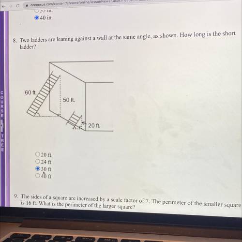 (1 point)

8. Two ladders are leaning against a wall at the same angle, as shown. How long is the