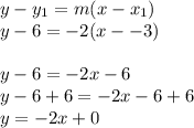 y-y_{1} =m(x-x_{1})\\y-6 =-2(x--3)\\\\y-6=-2x-6\\y-6+6=-2x-6+6\\y=-2x+0