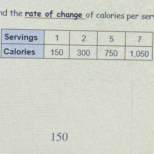 Find the rate of change of calories per serving.

A:150
B:1/150
C:300
D:1/300