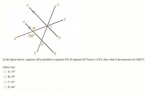 In the figure above, segment AB is parallel to segment CD. If segment EF bisects ∠CLY, then what is