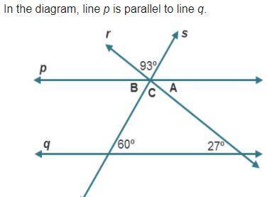 Complete the statements based on the diagram.

mAngleA = 27° because it is 
to the 27° angle.
The