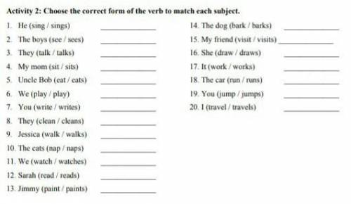 Pls complete itchoose the correct form of the verb to match each subject