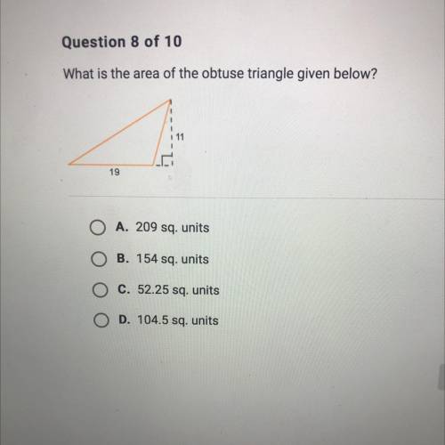 HELP ME PLEASE ASAP?!?!
What is the area of the obtuse triangle given below?