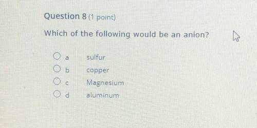 Which of the following would be an anion?

A. Sulfur
B. Copper
C. Magnesium 
D. Aluminum