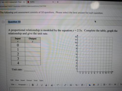 A proportional relationship is modeled by the equation y equals 2.5 x complete the table graph the