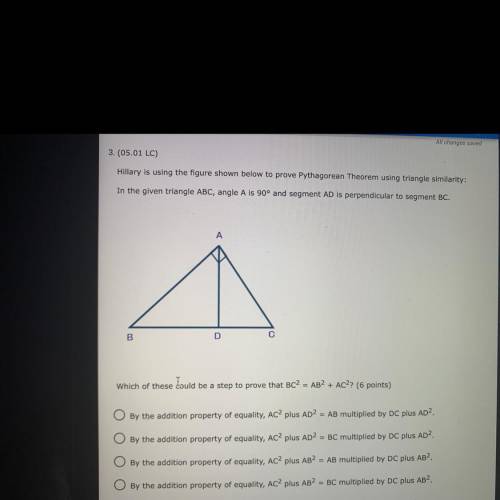 PLEASE HELP PLEASE

OMG HELP
WHICH OF THESE COULD BE A STEP TO PROVE THAT BC^2 = AB^2 + AC^2?