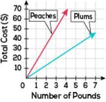 A grocery clerk made this graph to relate the number of pounds of peaches and plums to the cost.