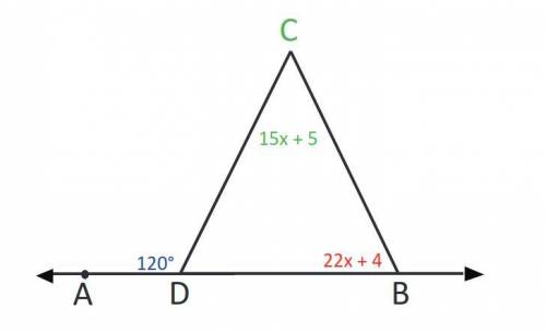 Geometry: Find the measure of angle B. 120, 22x+4, 15x+5