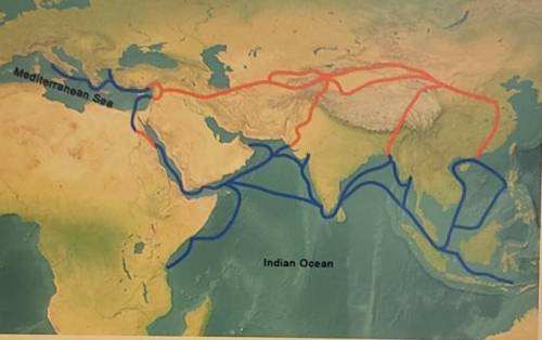 According to the map, which two areas were not directly connected by a land- based trade route? Med