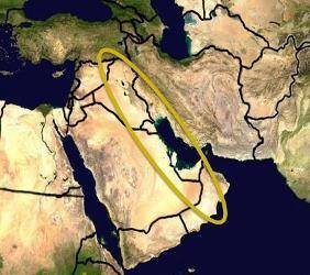Which major economic activity in the Middle East occurs largely in the area circled on the map abov